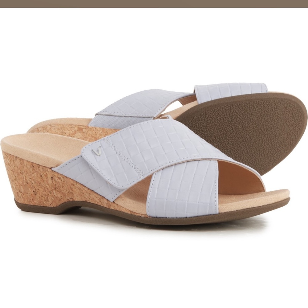 🎉LAST CHANCE🎉 Vionic Leticia Wedge Sandals - Leather - Blue Haze